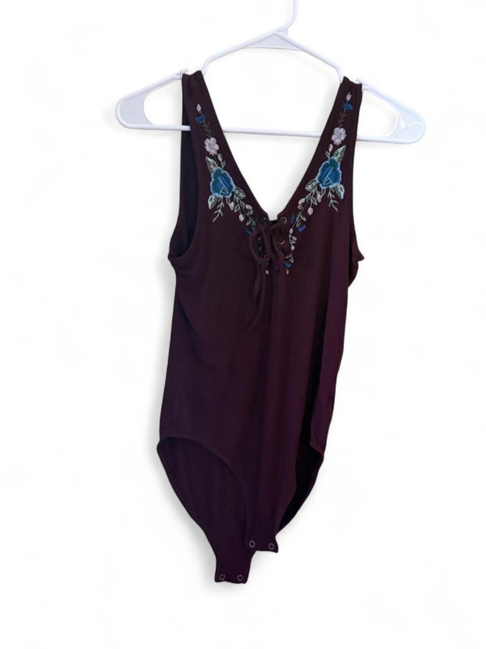 American Eagle Outfitters Plum Lace-Up Floral Embroidered Bodysuit